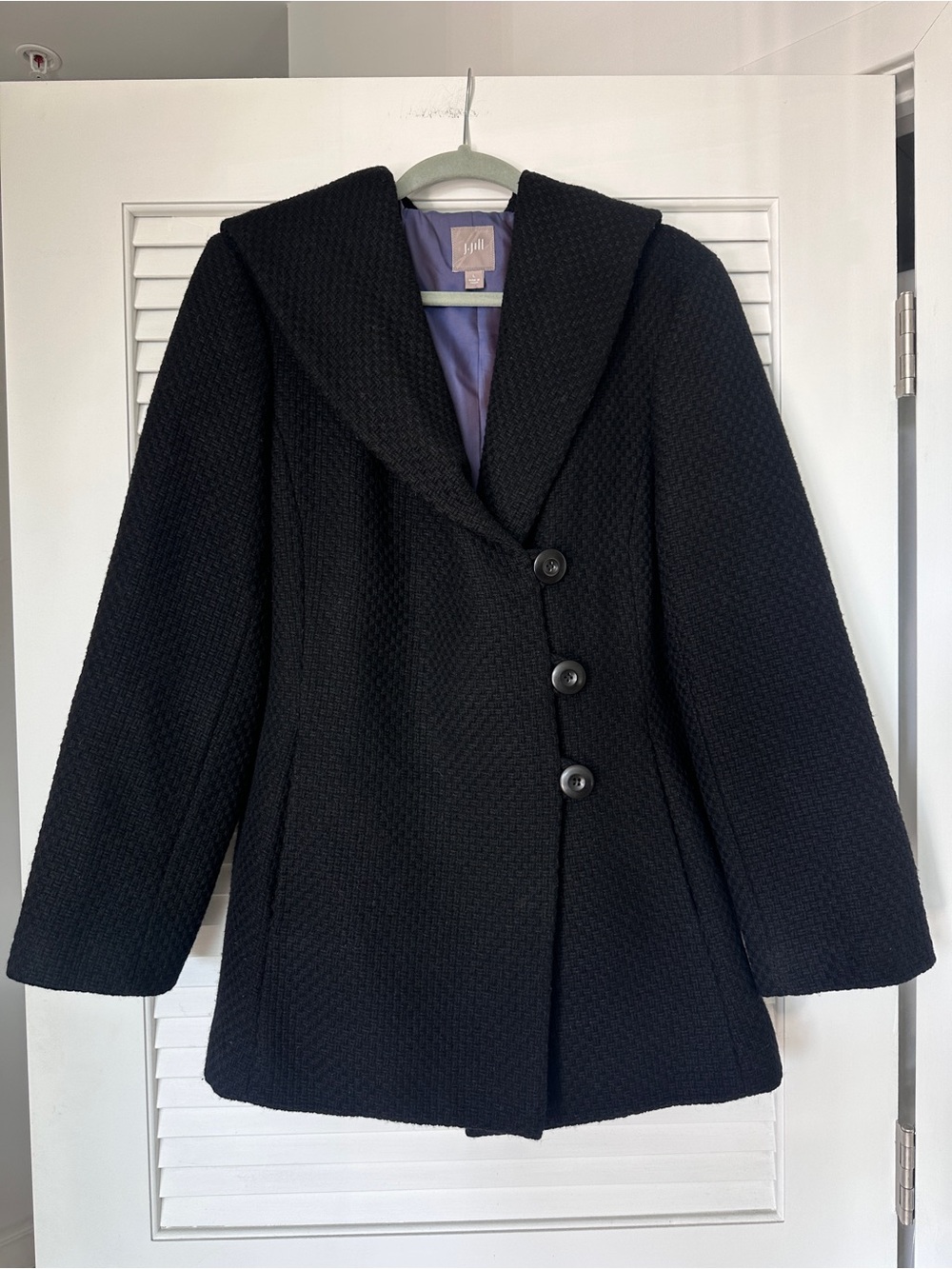 J.Jill Black Wool Blend Hooded Coat Jacket Textured Knit Size L